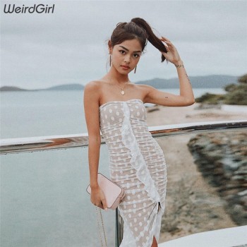 Weirdgirl Women see through Fashion dresses mesh sexy party sash neck Sleeveless fit and flare Bodycon Dress Summer Vestido 2019
